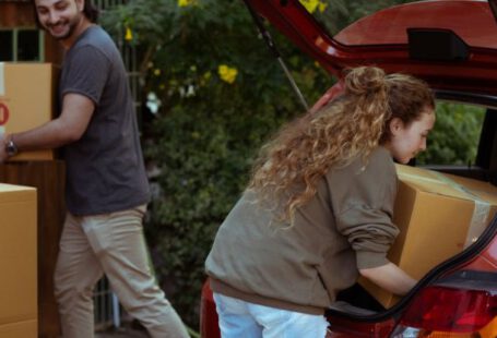 Get Out - Young woman with curly hair getting carton box out from trunk of automobile while cheerful ethnic man carrying box into new home in suburb or countryside area