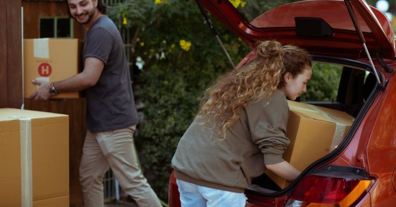 Get Out - Young woman with curly hair getting carton box out from trunk of automobile while cheerful ethnic man carrying box into new home in suburb or countryside area
