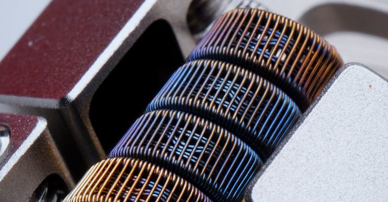 Atomic Habits - Closeup of fused clapton coil on dripper of modern electronic cigarette on white background